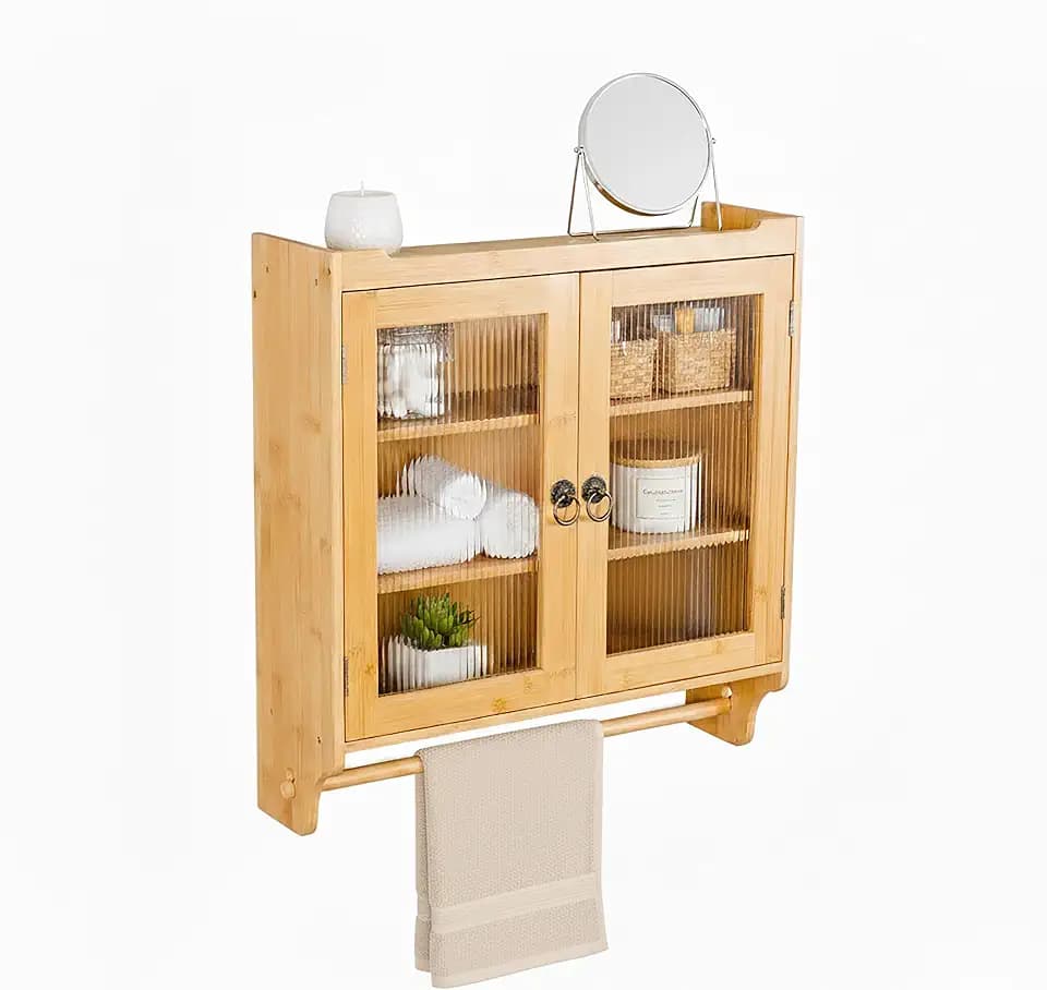 Relaxdays Bambus Hängeschrank mit Handtuchhalter, 2 Türen mit Acrylglas, HBT: ca. 63 x 60 x 18 cm, Wandschrank, Natur