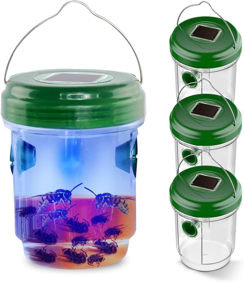 Wasp Traps Outdoor Hanging, Solar Bee Trap 4 Packs, 2026 Upgrade Wasp Deterrent Killer, Carpenter bee Catcher for Outside, Flying Insect Traps Reusable Yellow Jacket Hornet Catchers with LED Light