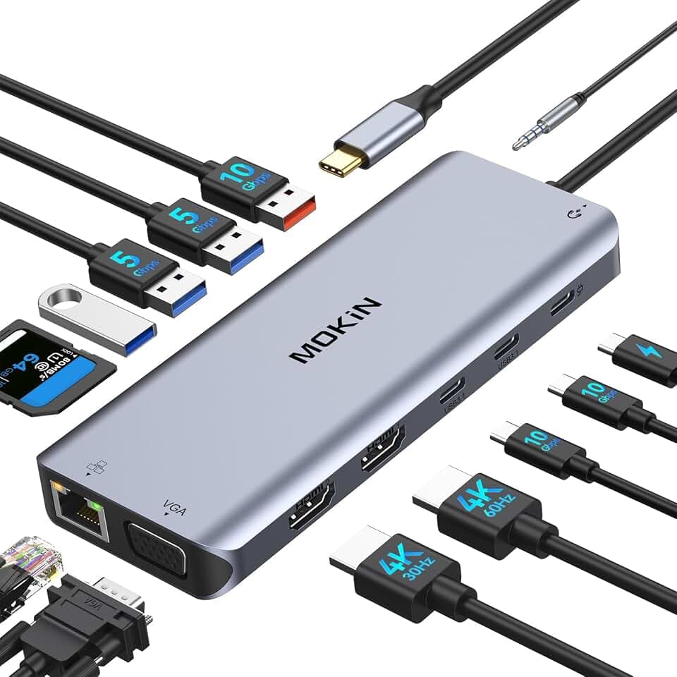 USB C Laptop Docking Station Dual Monitor, 14 in 1 Docking Station 3 Monitors Multiport Adapter with 2 HDMI 4K, VGA, RJ45 Ethernet, 10Gbps USB C/A, 100W PD, SD/Micro SD, 3.5MM Audio&Mic for Dell HP