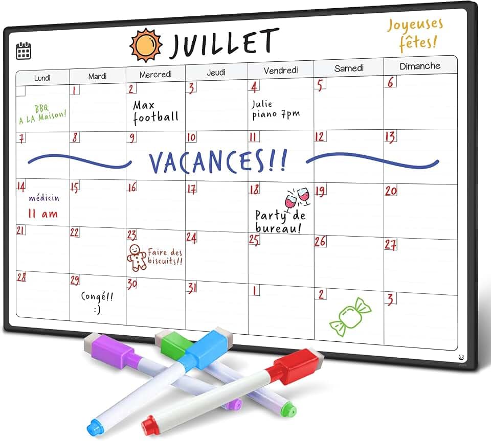 SmartPanda magnetisches Whiteboard und Kühlschrank-Kalender - ideal, um organisiert zu sein - Ideal für Monatsplanungen, Veranstaltungseinträge und Ferienpläne - in französischer Sprache