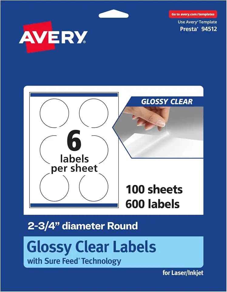 Avery® Glossy Clear Round Labels, Sure Feed® Technology, 2.75" Diameter, 600 Glossy Clear Labels, Print-to-The-Edge, Laser/Inkjet Printable