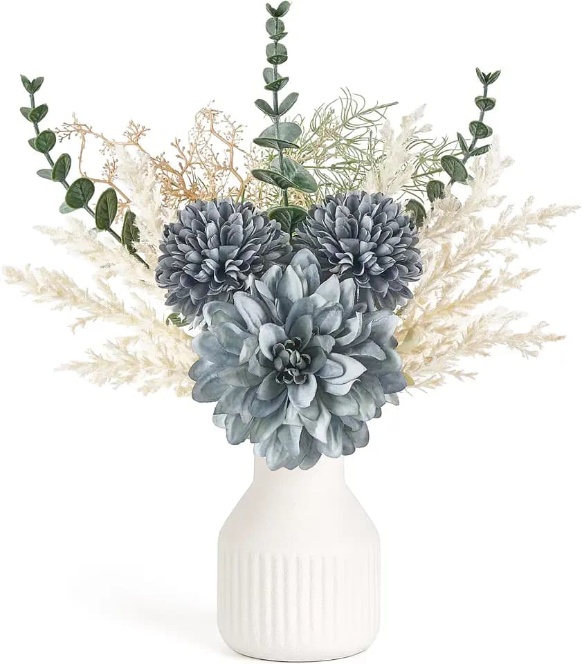 Mkono Fake Flowers in Ceramic Vase, 12.5" Coffee Table Centerpieces, Blue