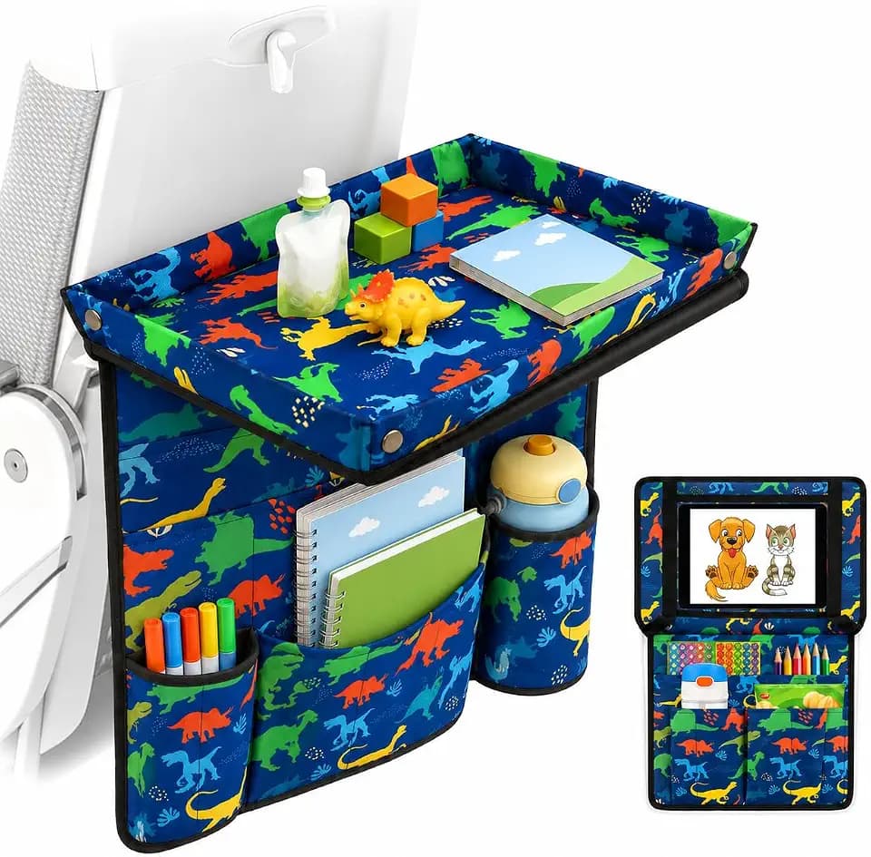 Adjustable Kids Tray Table Cover with Multi Portable Pockets, Airplane Travel Essentials for Kids, Toddlers, Adults, Airplane Must Haves, Plane Travel Essential, Travel Tray for Plane Train, Dinosaur