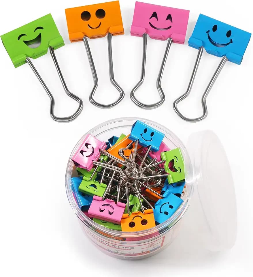 Coideal Cute Smiley Face Binder Clips, 48 Pack 1 Inch Medium Metal Paper Clamps, Assorted Colors Hollow Design for Office School Home Organization (25mm)