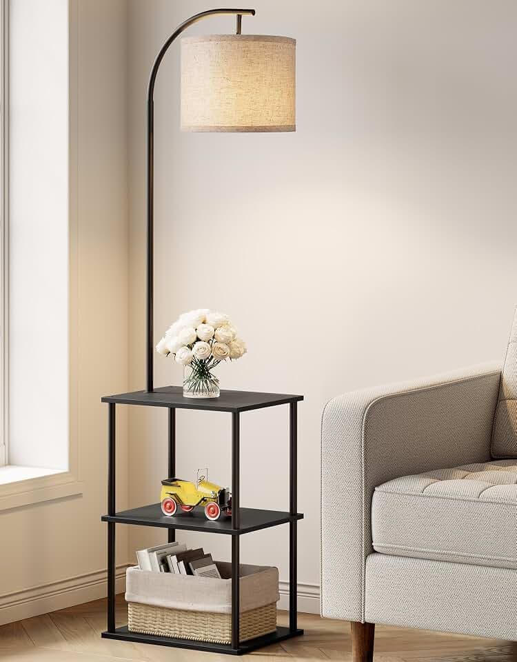 PARTPHONER Floor Lamp with Table, Night Stand with Lamp, Narrow Side Table with 3CCT LED Bulb, Small Coffee Table, Modern End Table with Storage Shelves for Living Room Bedroom Home Décor, Black