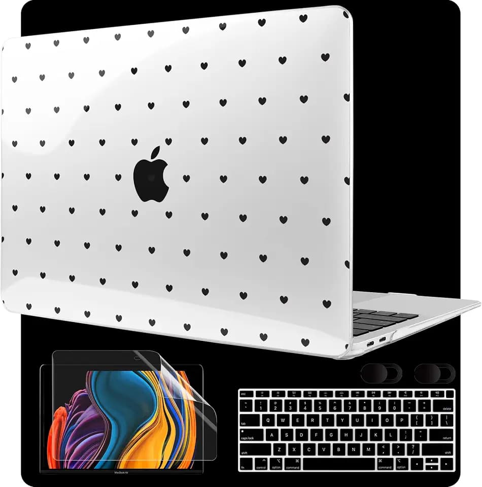 MEEgoodo for MacBook Air 13 inch Case 2021 2020 2019 2018 Released A2337 M1 A2179 A1932 with Touch ID, Plastic Hard Shell & Keyboard Cover Compatible with MacBook Air Case 13.3, Black Hearts
