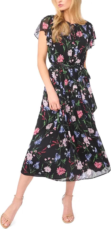 CeCe Ruffle Short Sleeve Keyhole Tie Waist Midi Dress
