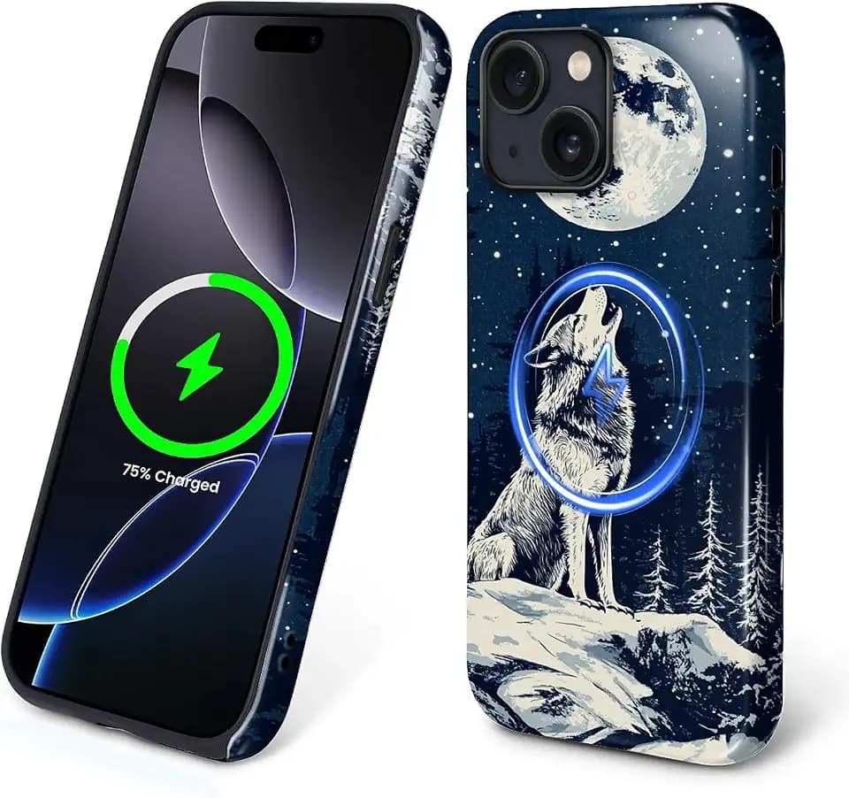 for iPhone 15 Pro Case, Wolf Howling Moon Snow Pattern Print Glossy Shockproof Magnetic Phone Cover Funny Aesthetic Anti-Scratch Hard Shell Protective Cover
