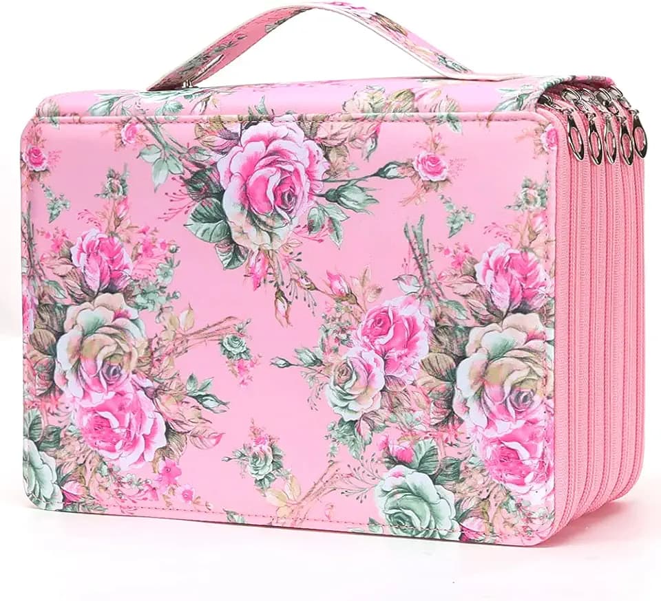 Vomgomfom 252 Slots Pencil Case 5-Layer PU Leather, Handle, Pink Flower