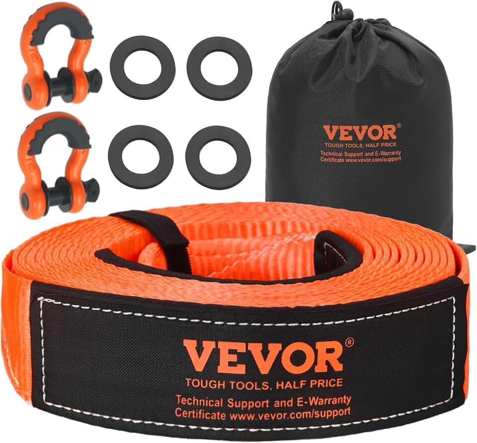 VEVOR Abschleppgurt-Bergeset, 16329 kg, Abschleppseil mit Aufbewahrungstasche & 19 mm D-Ring-Schäkel, Notfall-Hochleistungsgurt für SUVs, Pickups, LKWs, Boote, Geländefahrzeuge, 76,2 mm x 9,1 m