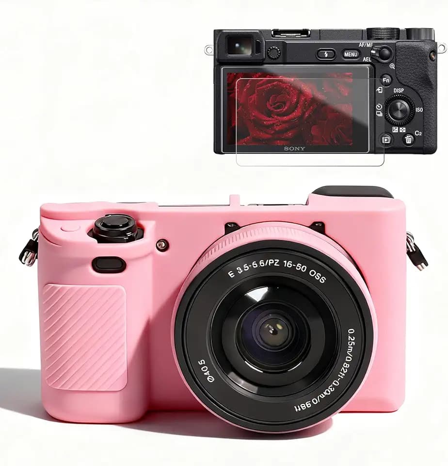 Case for Sony Alpha A6400 A6300 Camera Accessories, Soft Silicone Protective Case, Slim Fit Sleeve with A6400 A6300 Screen Protector, Lightweight, Anti-Scratch (Pink)