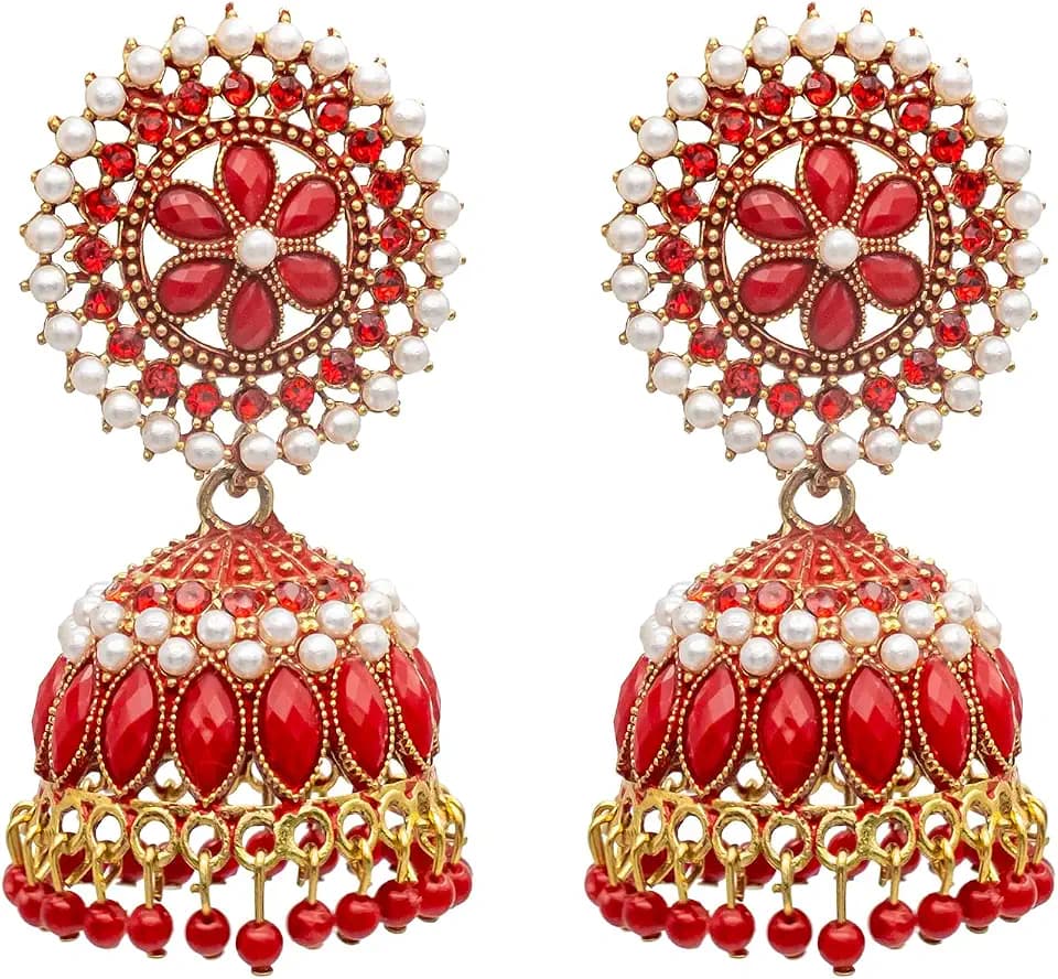 Bodha Traditional Indian Gold Plated With Maroon Colour Polki CZ, Crystal Studded Jhumka Earring For Women - Maroon (SJE_78_M)