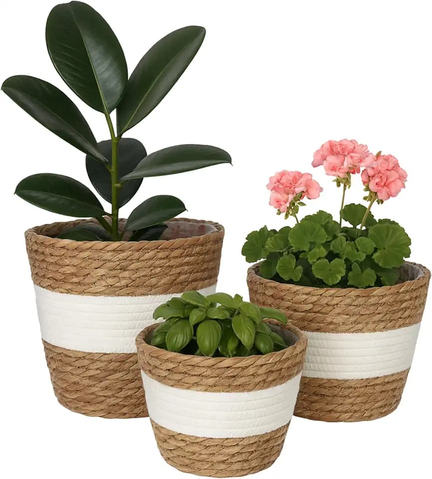 Relaxdays Blumentopf, 3er Set, Schilf, Pflanzentöpfe mit Folie, 3 Größen, runde Blumenübertöpfe für innen, Farbwahl