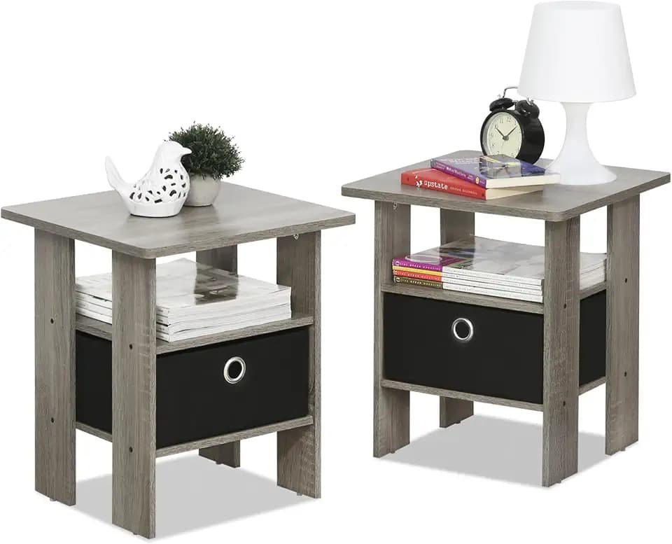 Furinno Andrey 3-Tier Square Side Table Set of 2, Grey Oak