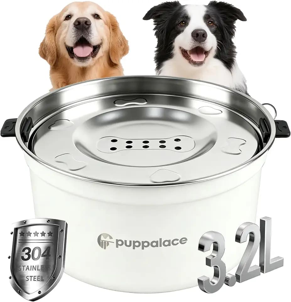 3.2L/108oz No Spill Dog Water Bowl Stainless Steel White
