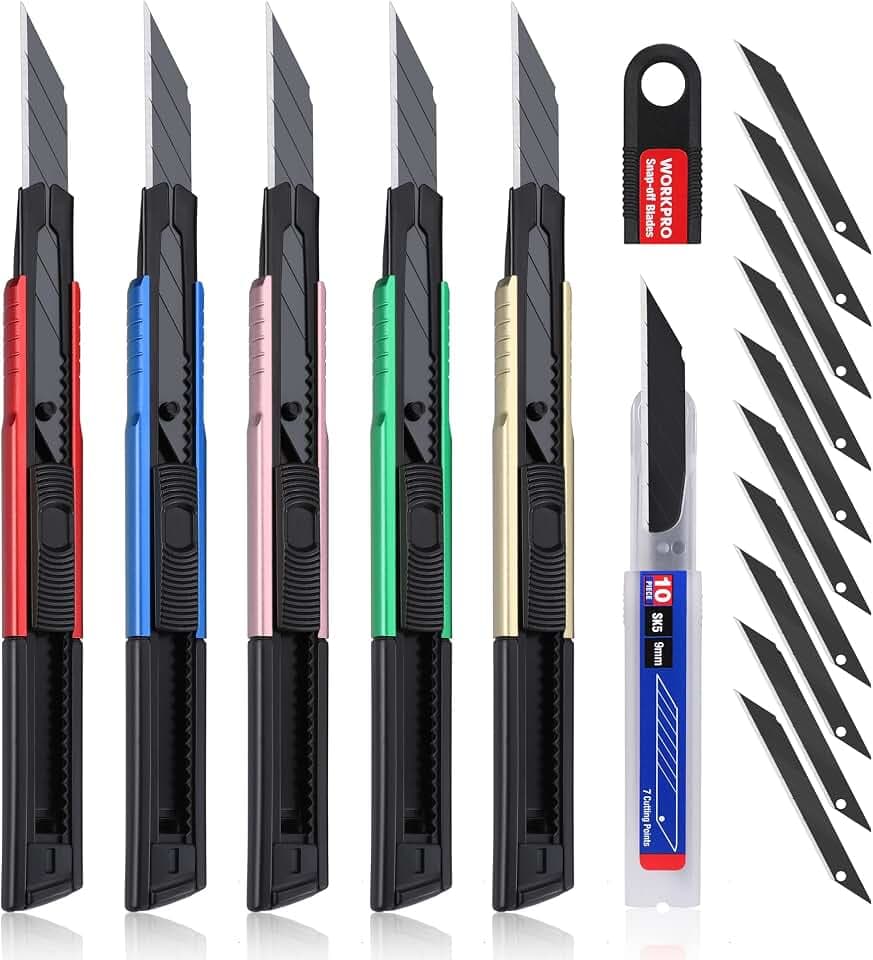 WORKPRO 5 Stück Cuttermesser Set 9mm aus Aluminium mit 10 Abbrechklingen | Cuttermesser Profi Tragbares Einziehbares Universalmesser Teppichmesser, Geschwärzte 30° Klingen extra scharf, Für Heimwerker