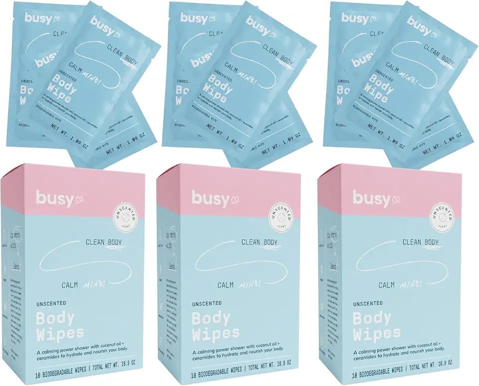BusyCo Calm Body Wipes for Women with Ceramides & Coconut Oil, Extra Large No Rinse Shower Wipes for Sensitive Skin, Body Odor & Sweat, Unscented, 30 Count