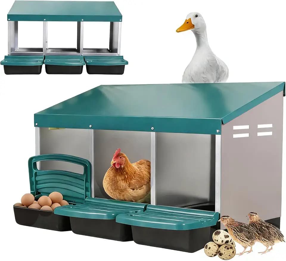 Chicken Nesting Boxes, 3 Compartments Egg Collection with Removable Drawer, Chicken Metal Laying Nest Box for Hens, Easy to Assemble, for Chicken Coop, Green