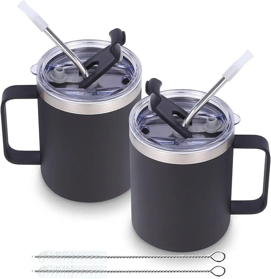 Volhoply 350ml Kaffee-Thermobecher, doppelwandig vakuumisolierter Edelstahlbecher mit Griff und Trinkhalm, lebensmittelechter 18/8-Edelstahl, warm & kalt für Büro, Camping(Schwarz, 2er-Set)