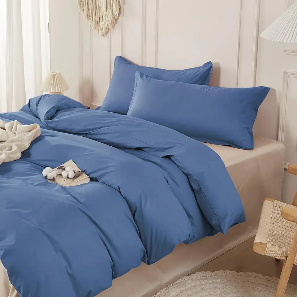 SAPHREAS 100% Washed Cotton Duvet Cover Queen Size Set, Linen Like Comforter Cover with Zipper Closure & Corner Ties (No Comforter), 90x90 Navy Blue