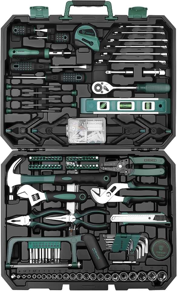 DEKOPRO Tool Set: 228 Piece Home Tool Kit, Household Basic Repair Tool Set Comes with Storage ToolBox, Socket Wrench Set for Car, Hand Tool Box Set for Home - Green