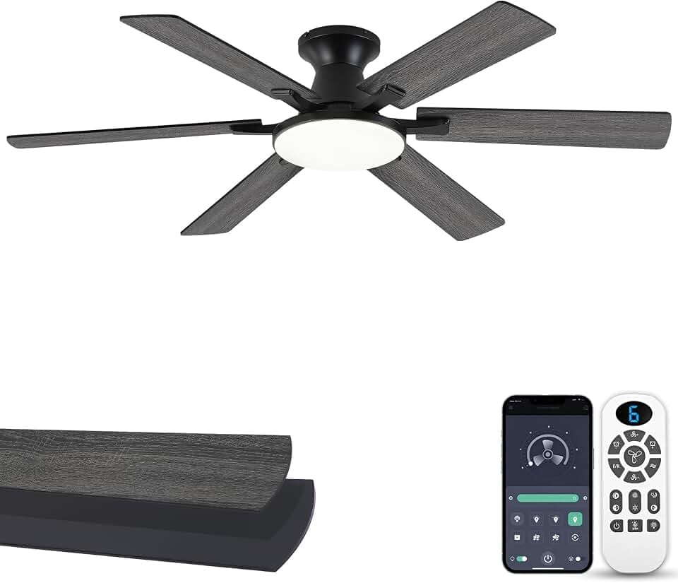 Ceiling Fans with Lights,54 Inch Low Profile Ceiling Fan with Light and Remote Control,6 Speeds/6 Blade,Flush Mount,LED Dimmable DC Reversible Modern, Black Ceiling Fan for Bedroom/Living Room