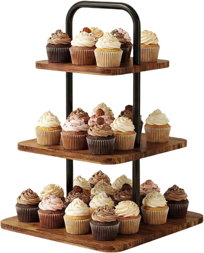 KAHEIGN Tortenständer 3 Etagen Cupcake Ständer Ø 30/26/20 cm Quadrat Kuchenständer mit Griff Servierständer, Dessertständer Muffinständer Display Cupcake Turm, ideal für Hochzeiten Geburtstag Party