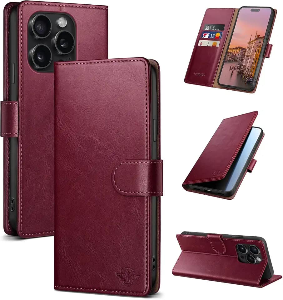 Wallet Case for iPhone 15 Pro 6.1", Wine Red
