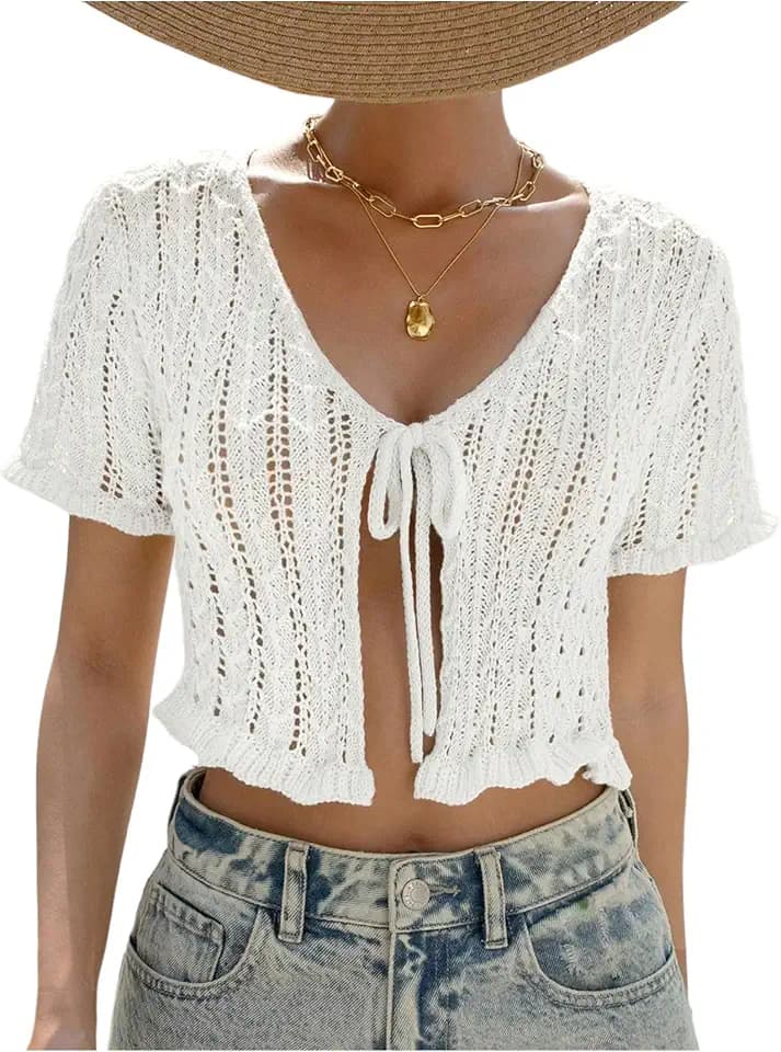 SHENHE Women's Crochet Cropped Cardigan Lightweight Summer Knitwear