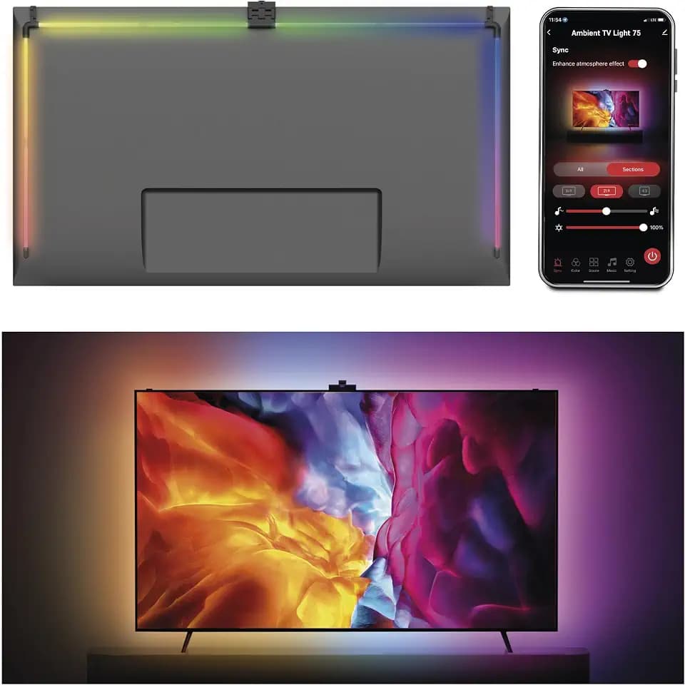 EMOS - Smarte TV Hintergrundbeleuchtung für 75“ TV (189 cm) - abnehmbare RGBIC LED Light Tubes für Fernseher, mit Kamera - Helligkeit 660 lm - WiFi Konnektivität, Appsteuerung, Sprachassistenten
