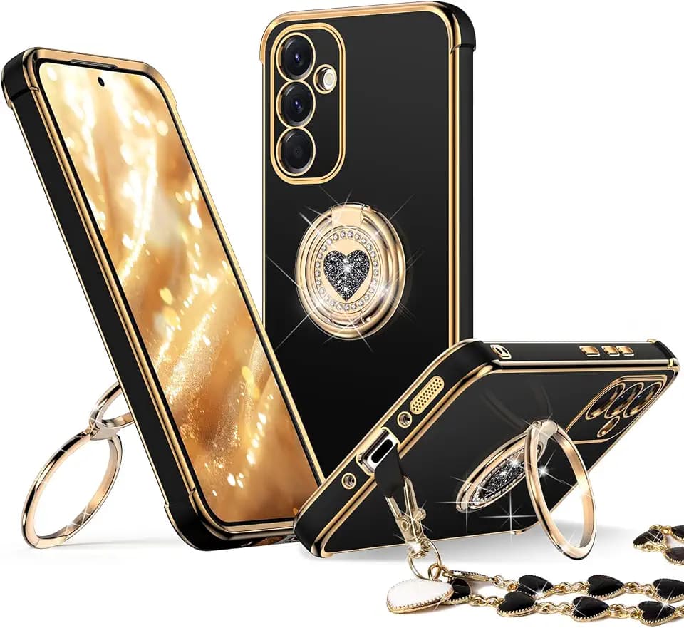 XYZ for Galaxy A36 5G Case with Stand, for Samsung A36 Case with Double Ring, Women Girls Bling Luxury Protective Phone Case Heart for Samsung Galaxy A36 5G, Black