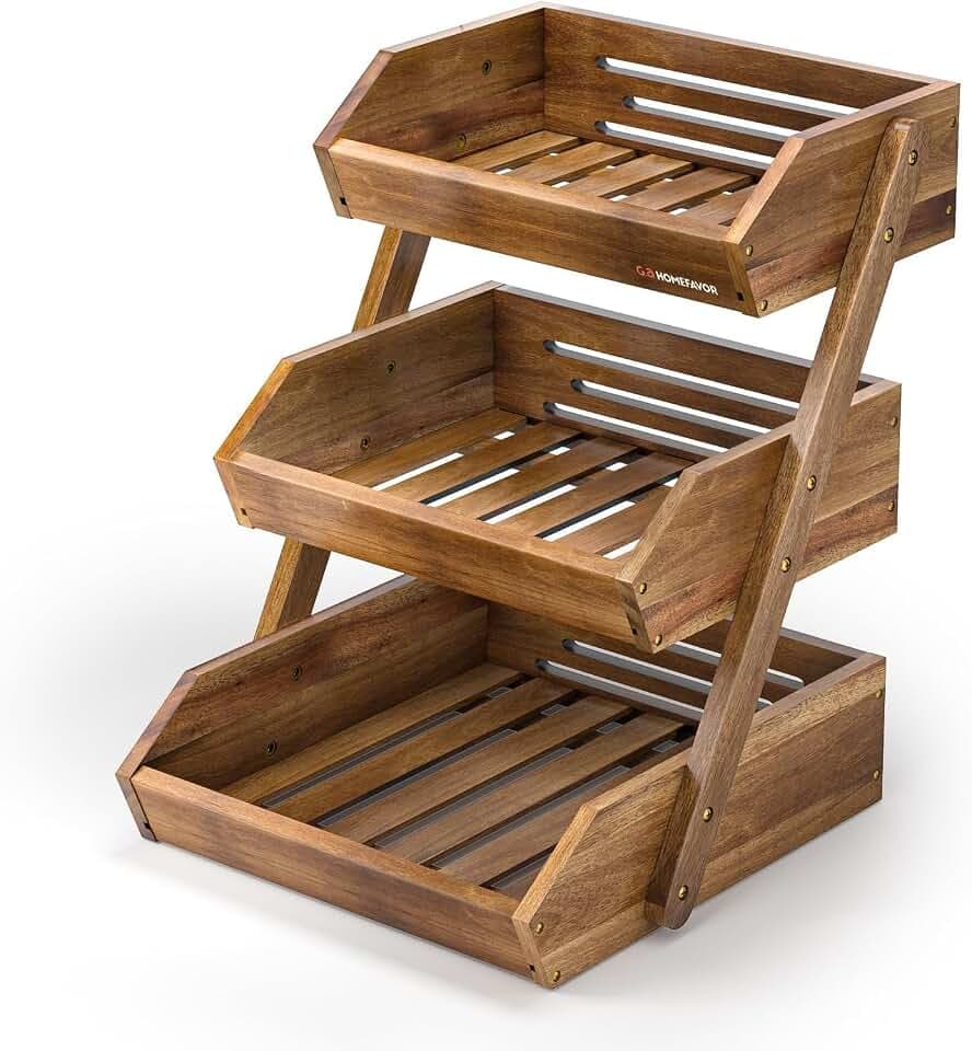 G.a HOMEFAVOR 3-Tier Acacia Wood Fruit Basket for Kitchen, Self-assembly