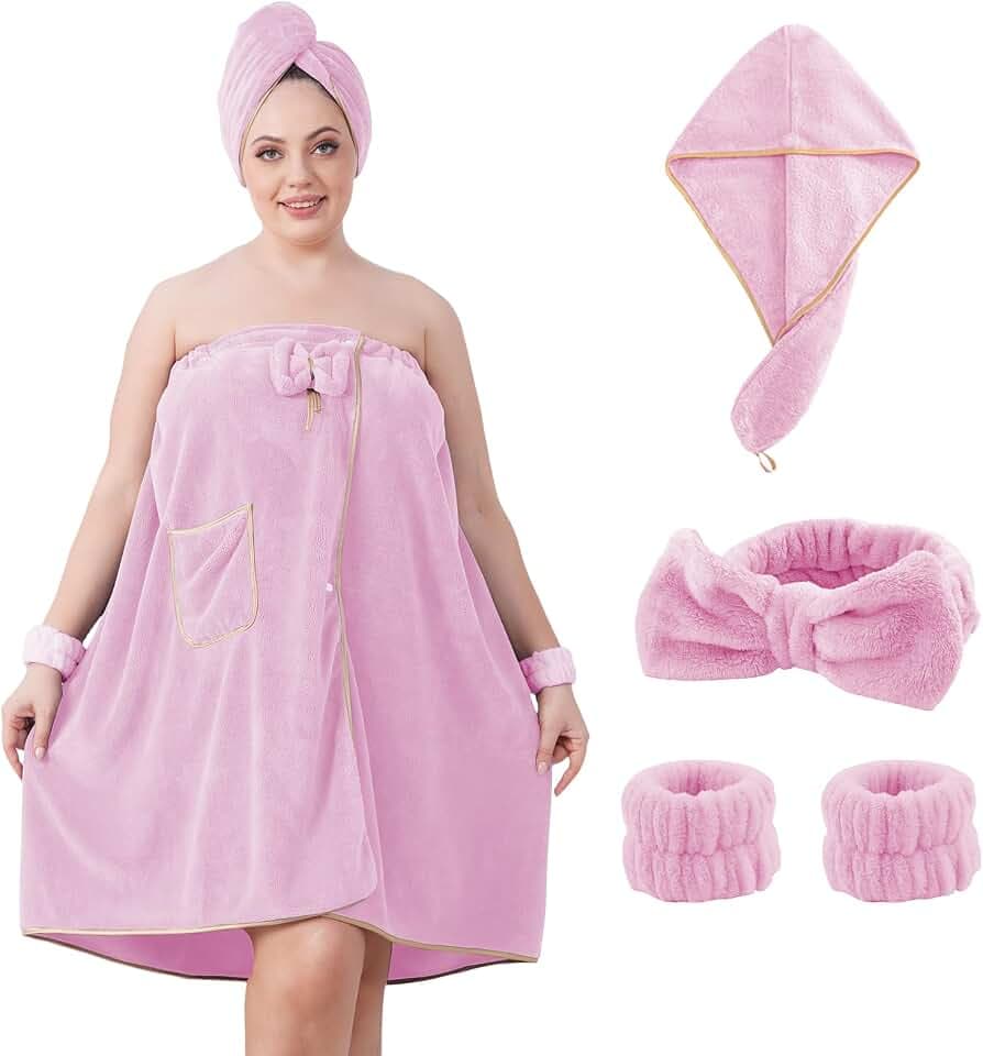 Plus Size Women’s Towel Wrap, Size of 80CM X 160CM, Adjustable Body Wrap Towel and Hair Drying Towel for Women, Quick Dry Coral Fleece, Use for Women to Spa, Shower, Bath and Gym. Pink Color.