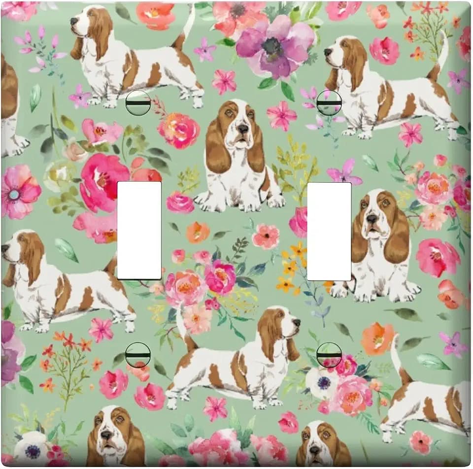 Light switch cover – Double Toggle Decorative switch Wall Plate, Unique Blue Dog Flower Electrical Switch Plate Cover for Kitchen, Bathroom, Bedroom Home Decor.
