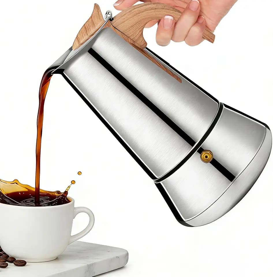 Romon Espressokocher Edelstahl, 6 Tassen 300ml Silber, Mokkakanne Mit Holzgriff, Geeignet Für Glaskeramikherd, Campingherd Und Gasherd