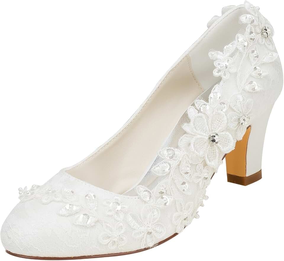 Brautschuhe Frauen Seide wie Satin Stämmiger Absatz Absatzschuhe mit Stich Spitzen Blume Kristall Perle