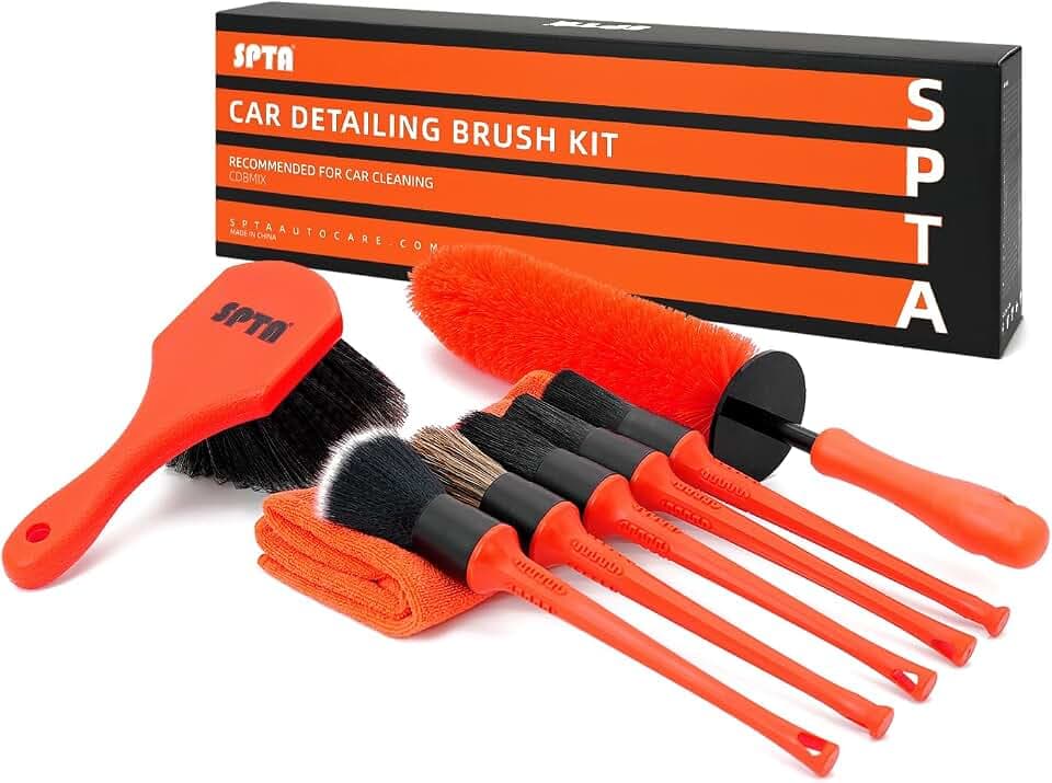 SPTA 8Pcs Wheel & Tire Brush Car Detailing kit, Easy Reach Wheel and Rim Brush, 5pcs Detailing Brushes, Short Handle Cleaning Brush, 1pc Microfiber Cleaning Cloth, Great to Clean Dirty Tires