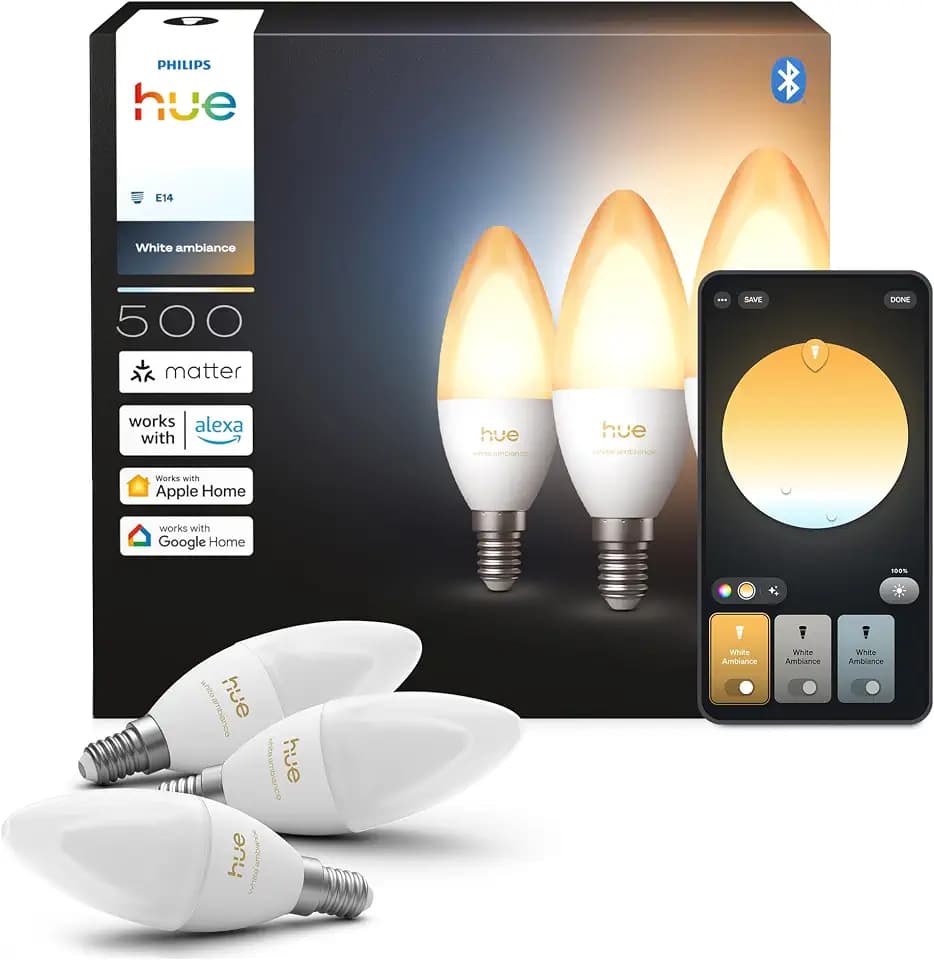 Philips Hue Smart LED-Kerzenlampe, B39, E14, 3er Pack, White Ambiance, Vollspektrumlicht 1.000 K–20.000 K, 500 lm, Extrem Niedrig Dimmbar, Alexa, Google Home, Apple Home