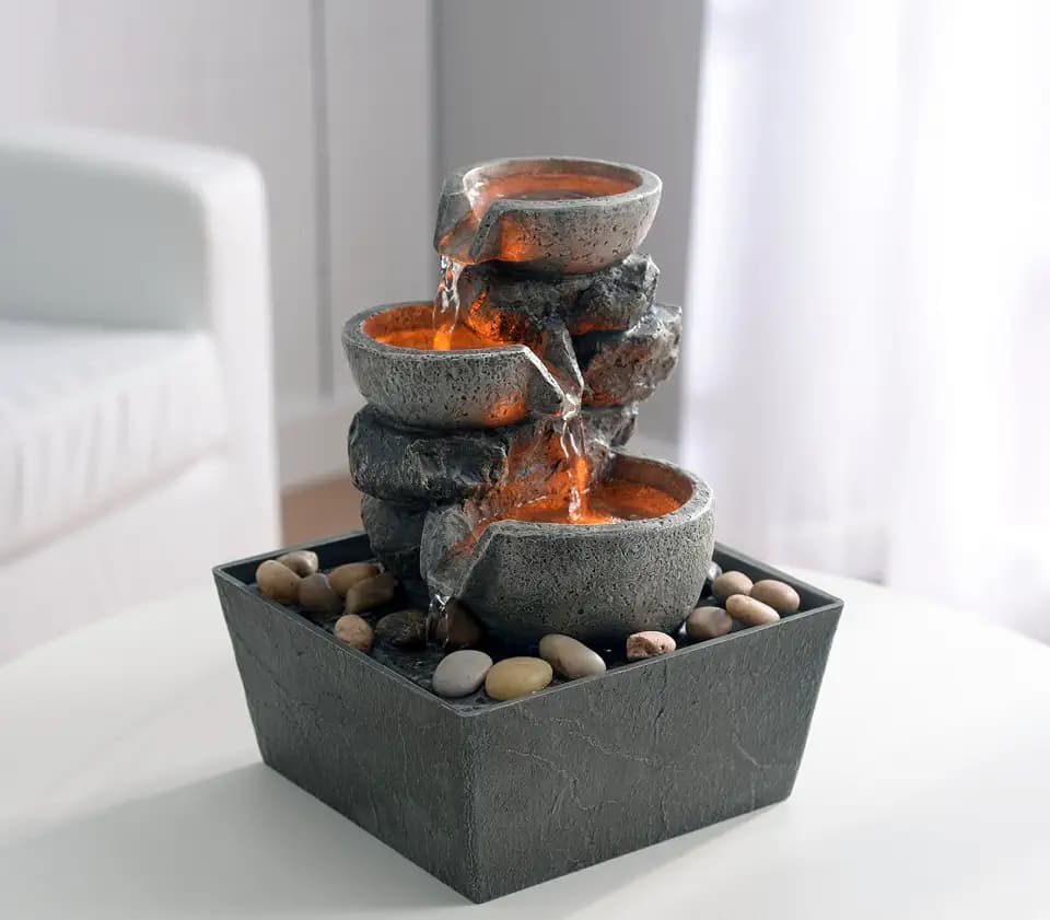 Haobos Decorative Indoor Fountain 3-Bowl Rockery Soothing Sound Tabletop Fountains Home/Office Decor with Led Light/Some Cobblestones(1556A)