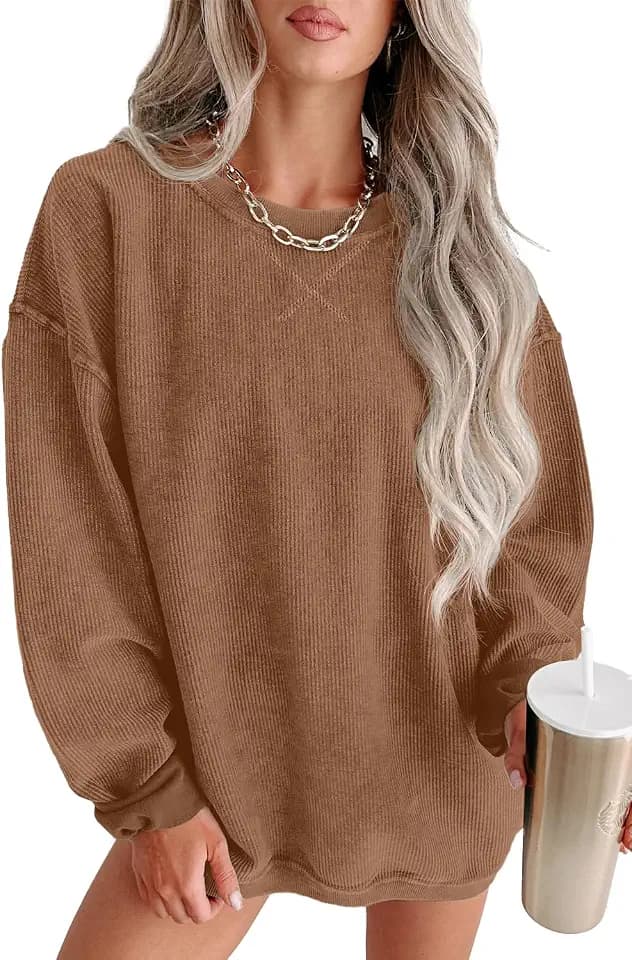 QIXING Damen Sweatshirt Oversize Pullover Rundhals Baumwollpullover Langarm Cordpullover Tops Herbst Mode Outfits 2025(Braun, M)