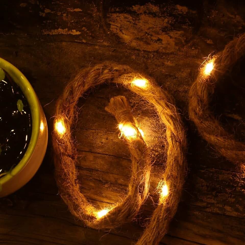 Gresonic LED Lichterkette Seil Beleuchtung 80LED 6m lang mit Stecker Timer Baumwollseil Naturkordel Juteseil Tauwarmweiße Lichtfarbe Garten Deko Innenbeleuchtung Weihnachtsdeko