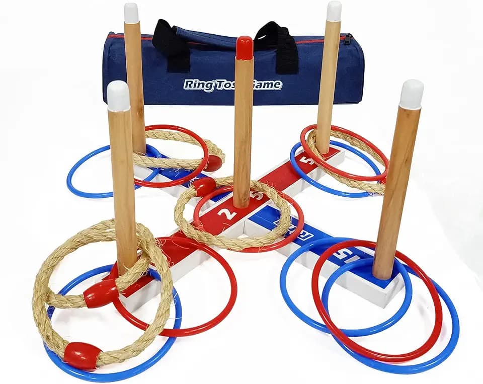 Wurfspiele Ring Toss Game Wooden Quoits Throwing Tossing Game Set with Carry Bag（5 pcs Rope Rings + 10 pcs Plastic Rings