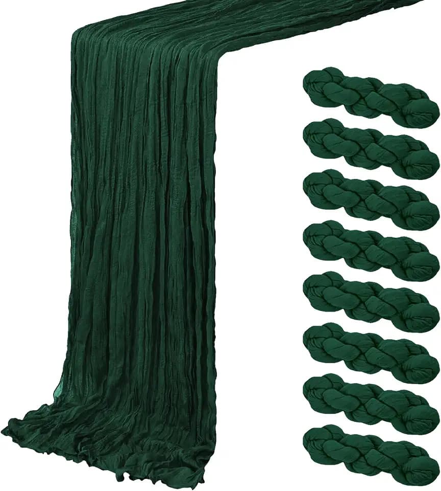 8 Pack Emerald Green Cheesecloth Table Runner 20 x 120 inch Gauze Table Runners 10 FT Long,Semi Sheer Boho Cheese Cloth Fabric Table Runner Bulk for Wedding,Party,Baby Shower,Bridal Shower Decoration