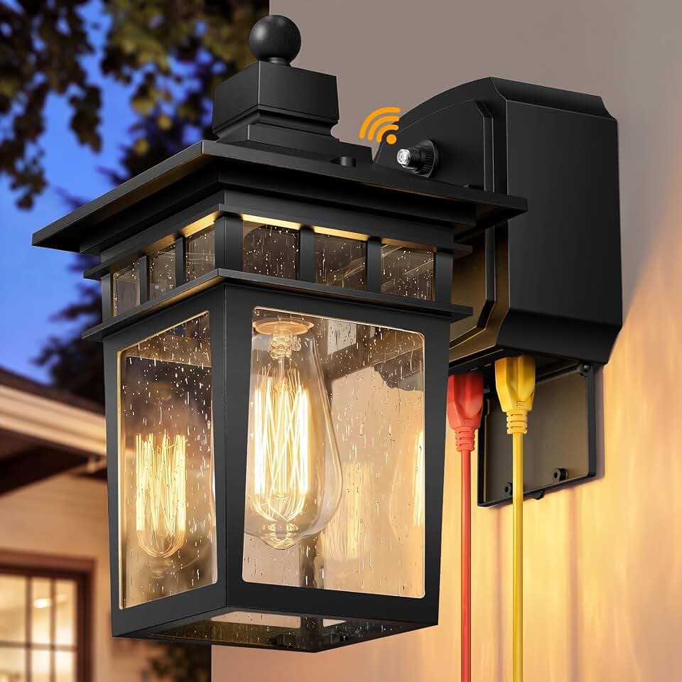 Porch Lights with GFCI Outlet, Dusk to Dawn Outdoor Wall Sconce Black
