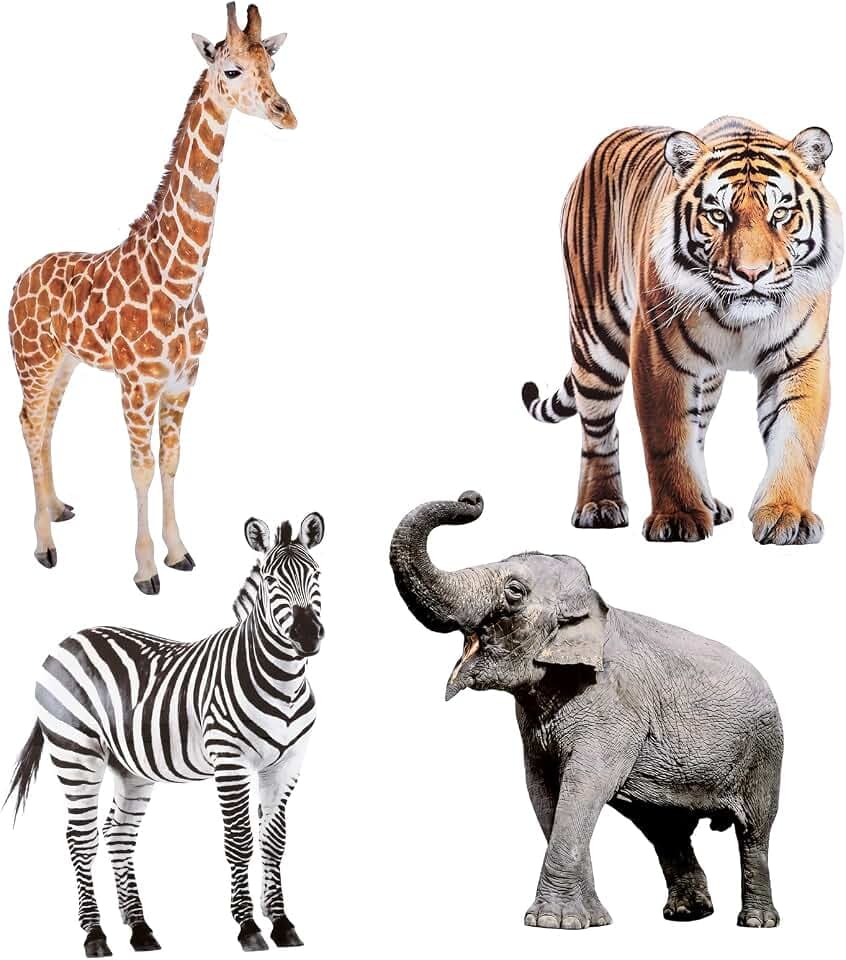 Honoson 4 Pcs Large 32" Safari Animals Cardboard Cutouts Standup Life Size, Wildlife Birthday Party Decoration Yard Signs for Baby Shower Jungle Giraffe Zebra Elephant Tiger Photo Backdrop Party Favor