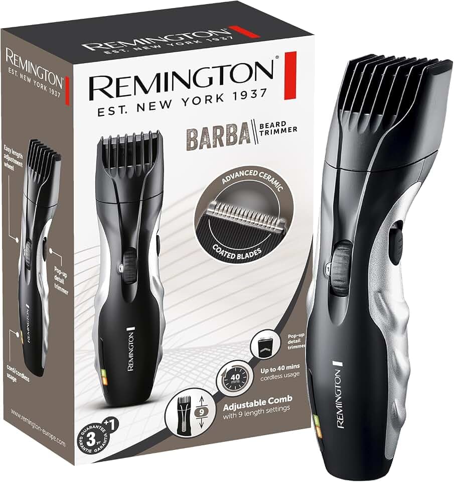 Remington Barttrimmer Herren [selbstschärf. Keramik Klingen/0,4-18mm] Bartschneider Set (Einstellrad mit 9 Längeneinstellungen ab 1,5mm, Netz-/Akkubetrieb, LED Ladeanzeige, Langhaarschneider) MB320C