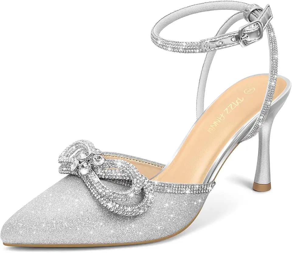 PIZZ ANNU Women's Cienna High Heels Sexy Stiletto Pumps Closed Toe Mesh Sparkly Rhinestones Ankle Strap Dress Wedding Party Pumps Shoes