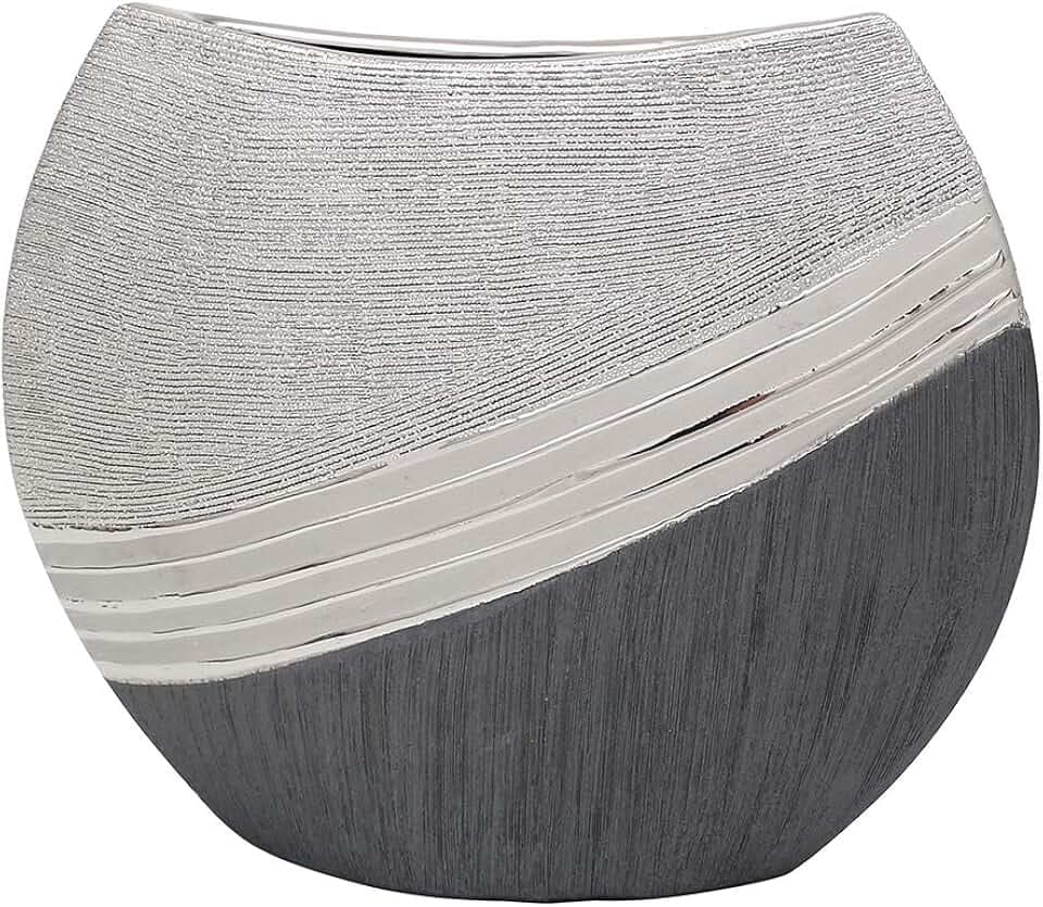 Edle Moderne Deko Designer Keramik Vase in Silber-grau Maße L/B/H: 25 x 8 x 21 cm.