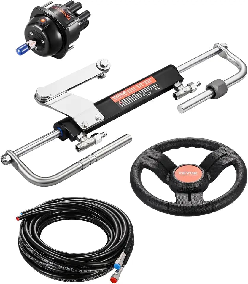 VEVOR 90HP Hydraulic Outboard Steering Kit, Marine Boat Hydraulic Steering System with 13.5-inch Steering Wheel, Helm Pump, Hydraulic Cylinder & 2PCS 26FT Hoses for Single Station Single-Engine Boats