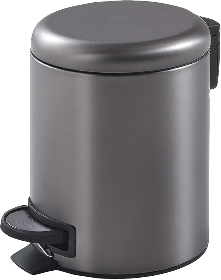 Gedy POTTY Abfalleimer für Badezimmer, rund, 3 l, mit Pedal und Softclose-Deckel, Edelstahl, Gun Metall, 17,4 x 22,6 x 25,1 cm